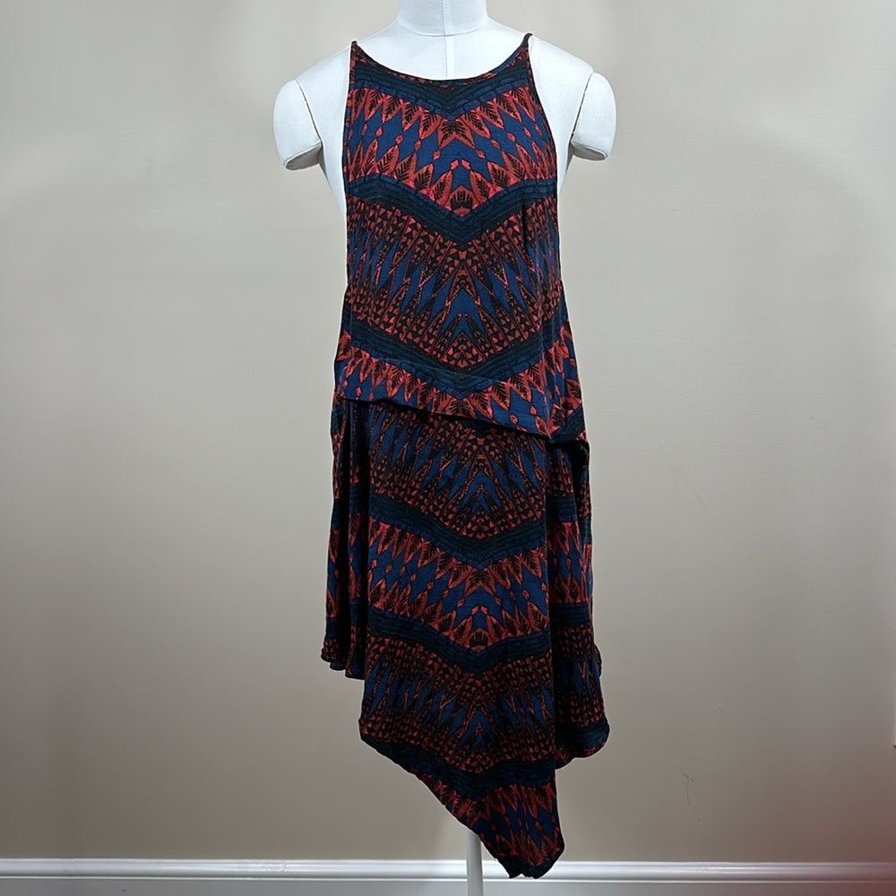 Free People Asymmetric Blue Red Geometric Print Rayon Sleeveless Dress Size XS